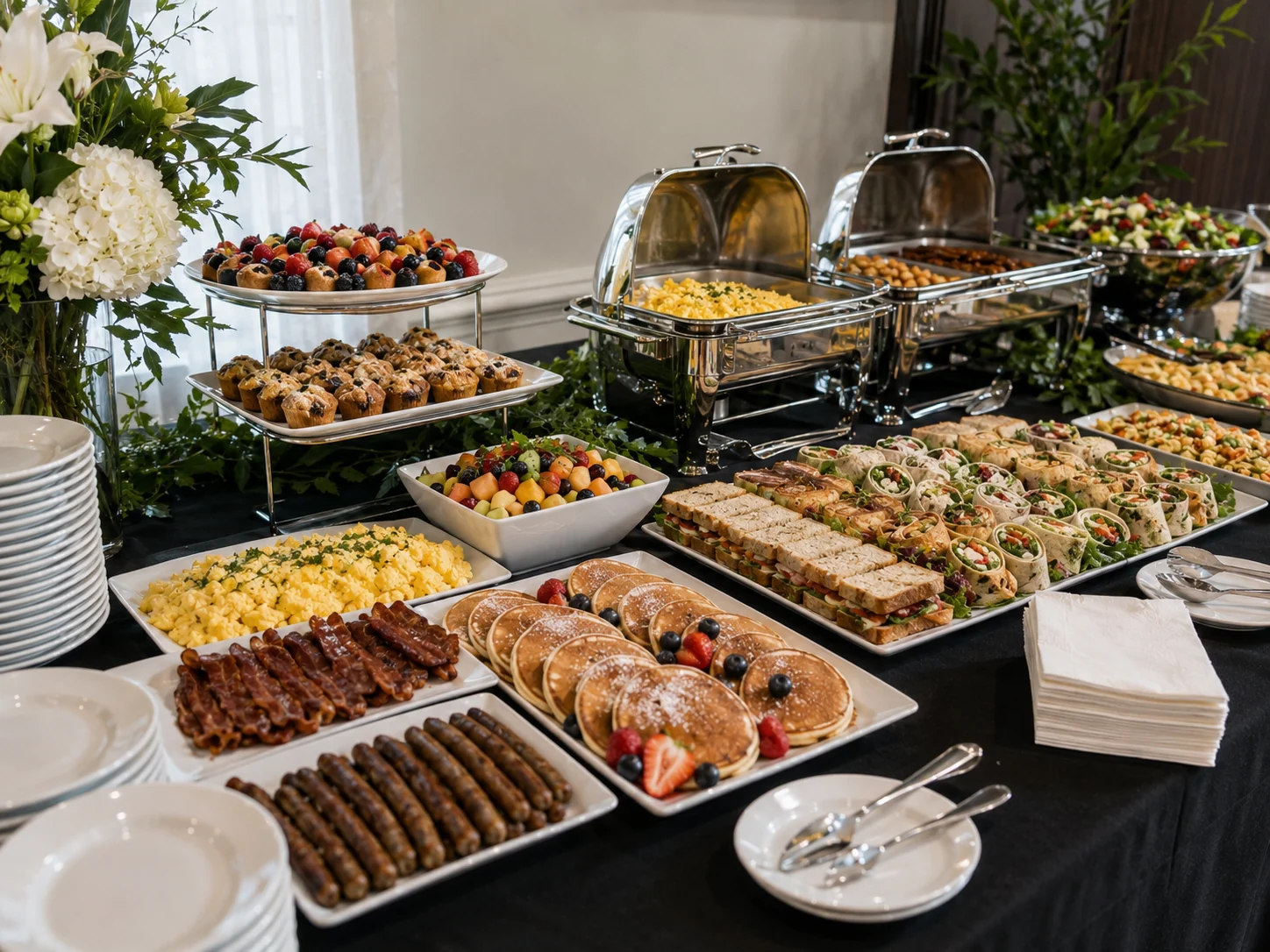 Breakfast and lunch catering spread with pancakes, eggs, bacon, sausage, fruit, sandwiches, wraps, and salad