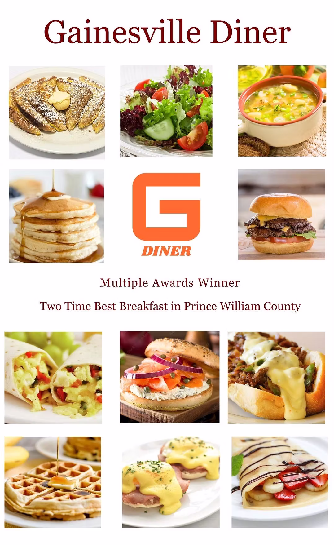 G Diner menu cover with breakfast, salad, soup, burger, bagel, waffle, Benedict, and crepe photography