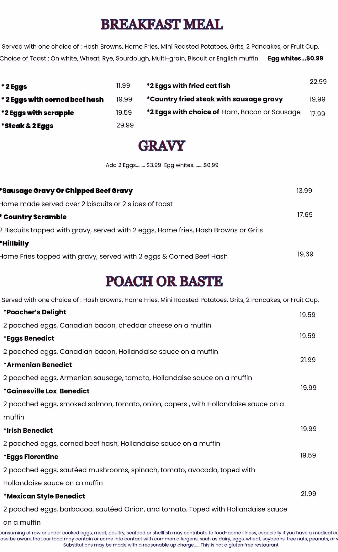 G Diner breakfast menu with egg meals, homemade gravy, and eggs Benedict