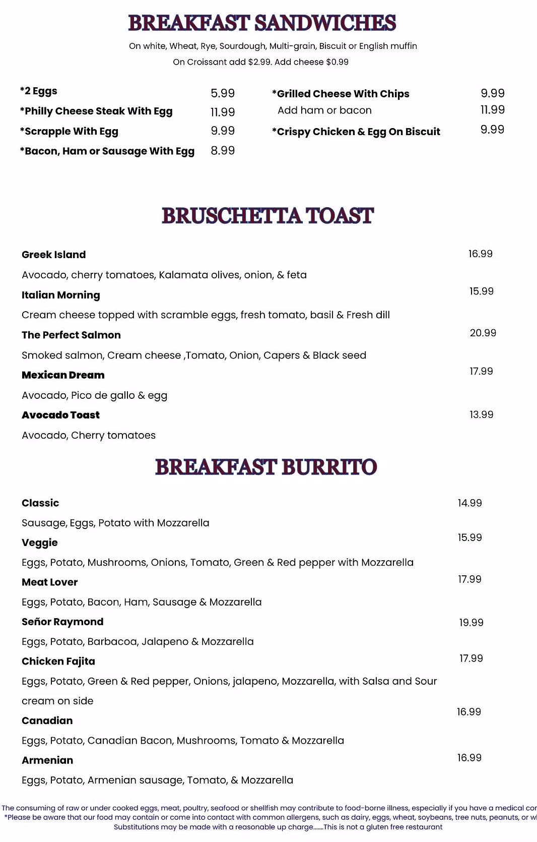G Diner breakfast sandwiches, bruschetta toast, and breakfast burrito menu