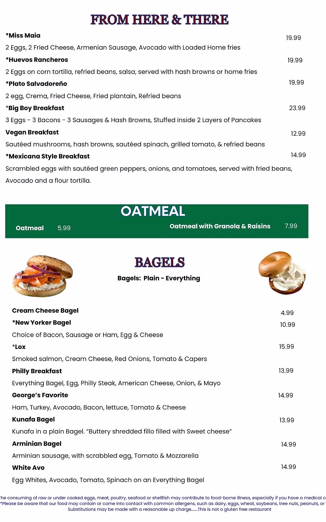 G Diner international breakfast favorites, oatmeal, and bagel menu