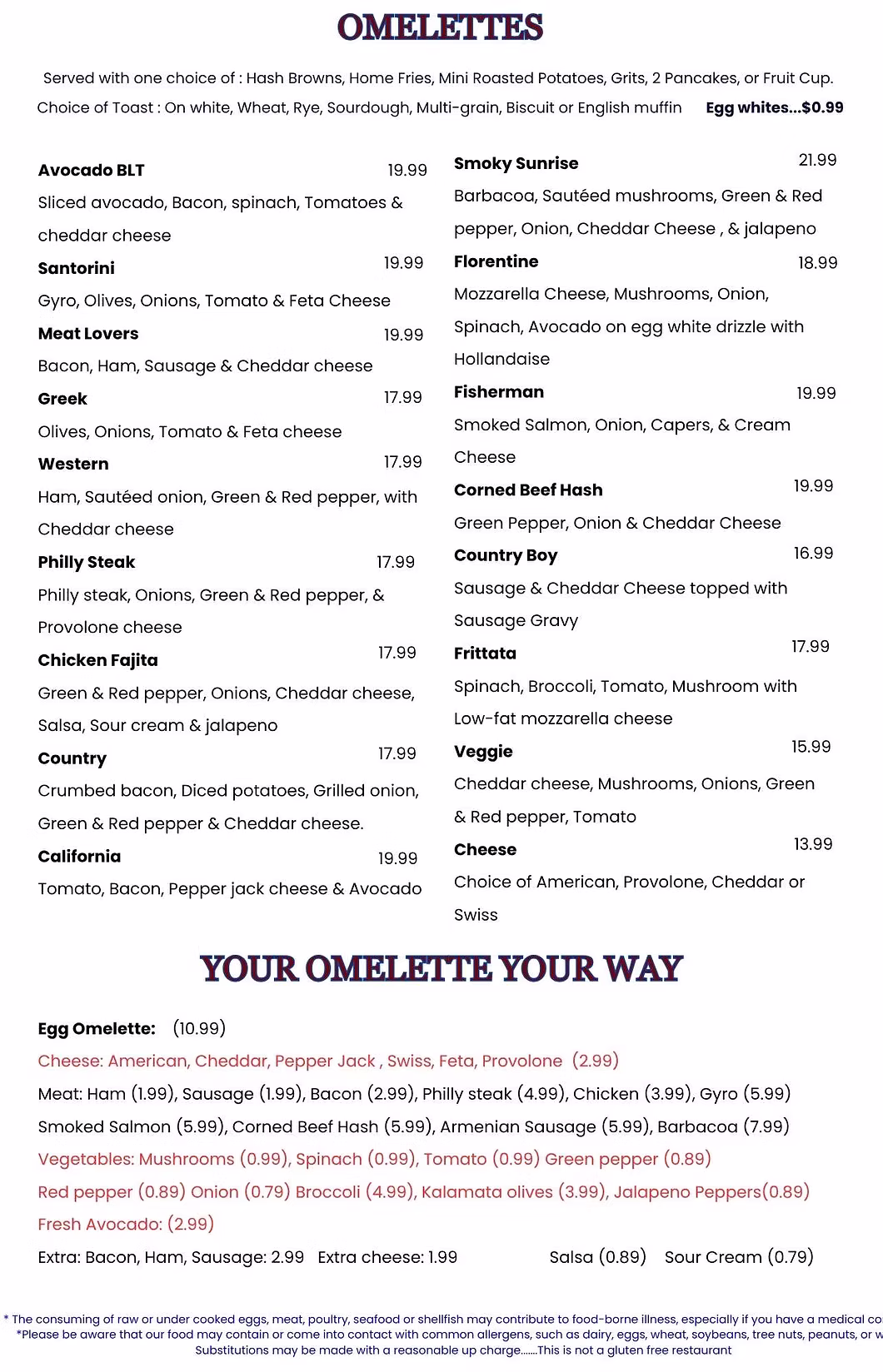 G Diner omelette menu with meat, vegetable, Mediterranean, and build-your-own choices