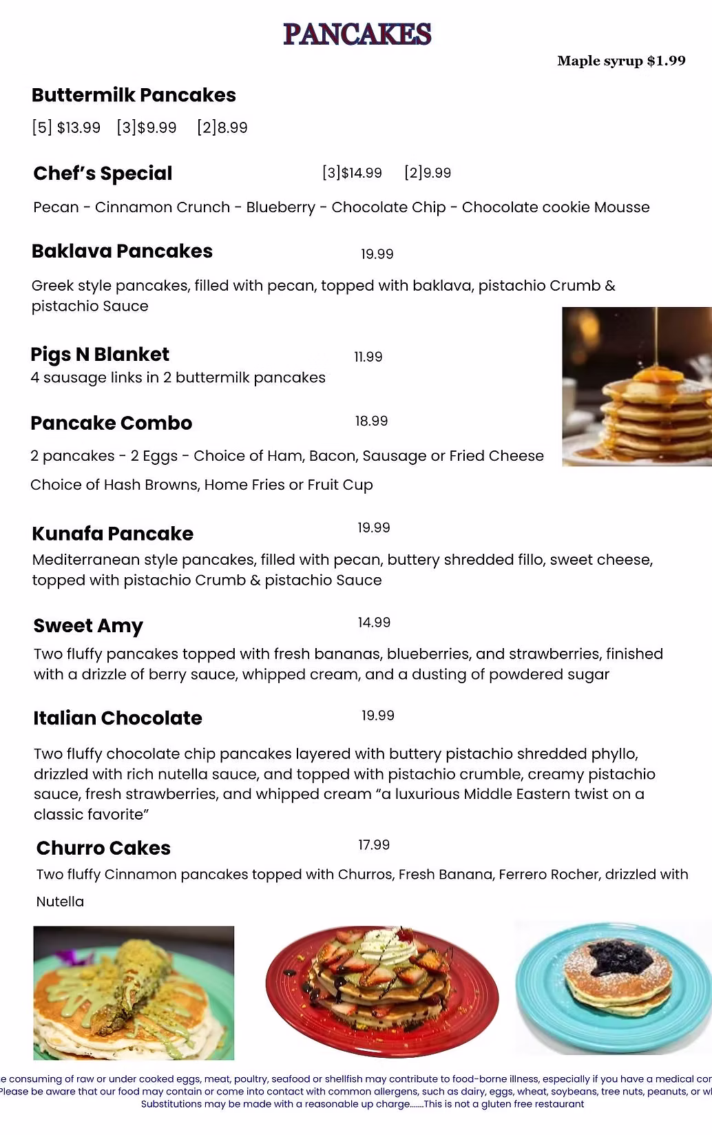 G Diner pancake menu with buttermilk, baklava, kunafa, fruit, chocolate, and churro pancakes