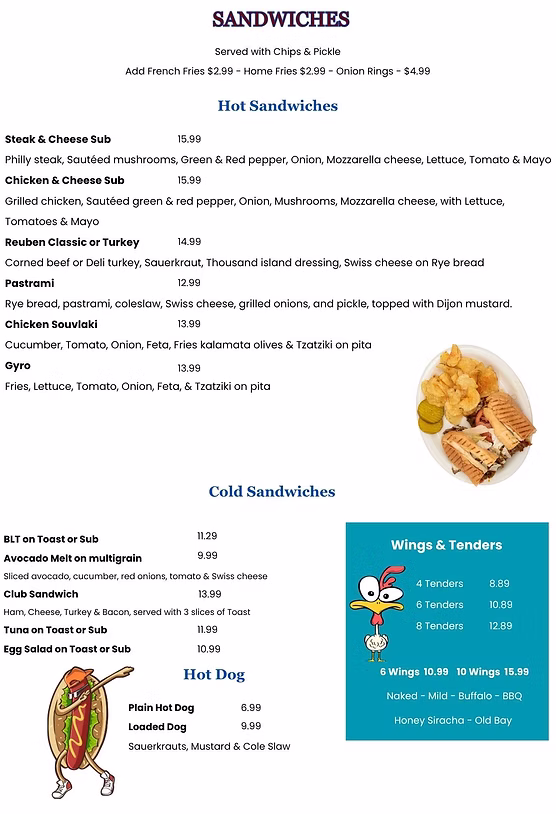 G Diner hot and cold sandwiches, pitas, hot dogs, wings, and chicken tenders menu